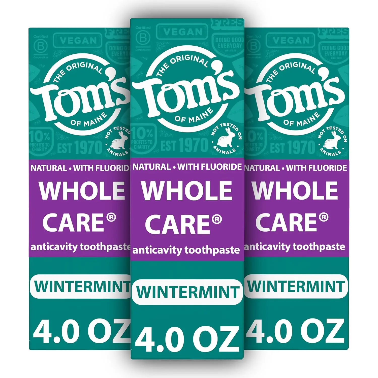 Tom's of Maine Whole Care Natural Fluoride Toothpaste 3 Pack, 4 oz | Wintermint Flavor, Anticavity Toothpaste, Prevents Cavities, Strengthens Enamel, No Artificial Dyes, Flavors, or Sweeteners Daily Oral