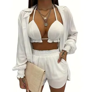 3 Pieces Women's Swimwear Hawaiian Outfit Floral Tropical Bikini and Shorts Set Summer Beach Sexy Cover-Up Luau Party