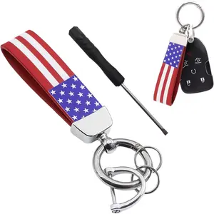 US Flag Car Keychain, 360° Rotation American Flag Key Chain with Zinc Alloy Rings & Anti Lost D-Ring, Car Accessories (Red&Silver)