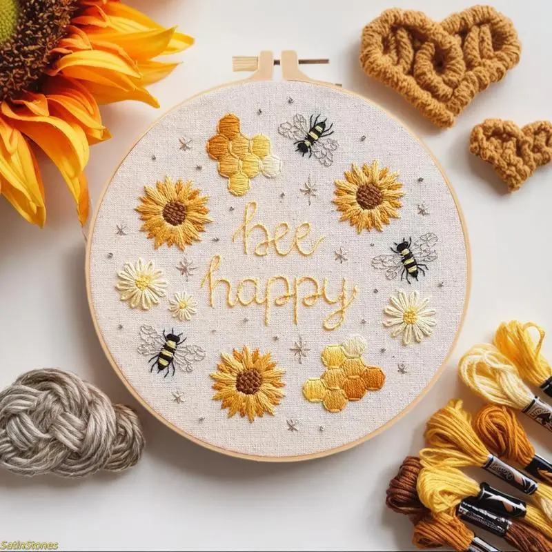 Happy Bee Motif Embroidered Flowers Handmade Embroidery Kit for Beginners - DIY Handkerchief Craft Needlework Kit with English Guide, Stitching Materials