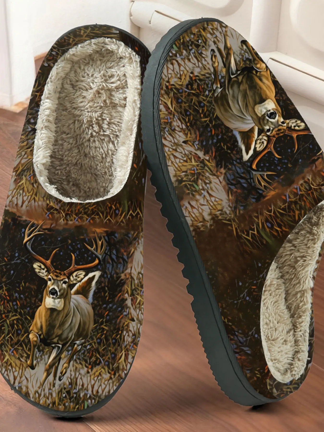 Forest Stag Printed Cotton Slippers, Non Slip Slippers, Wild Nature Style, Fuzzy Lined Anti-Slip Thick Sole, Home Use Men Women Fall Winter Warm Shoes Footwear