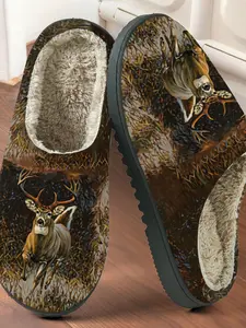 Forest Stag Printed Cotton Slippers, Wild Nature Style, Fuzzy Lined Anti-Slip Thick Sole, Home Use Men Women Fall Winter Warm Shoes