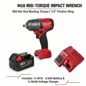 Milwaukee M18 FMTIWF12 18V Cordless 1/2-Inch Mid-Torque Impact Wrench Kit Including Battery and Rapid Charger with 900Nm Nut-Busting Torque for M22 Bolts Featuring Three-Mode Drive brushless impact Dual-Purpose gun electric driver