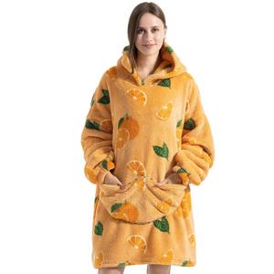 orange pattern sherpa fleece hooded blanket, 1 count  cartoon print oversized wearable blanket sweatshirt, soft warm wearable blanket for women & men