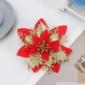 5pcs Glitter Poinsettia 13cm Artificial Christmas Flowers with Clips Stems Fake Flowers for DIY Wreath Garland Christmas Tree New Year Wedding Party Ornament