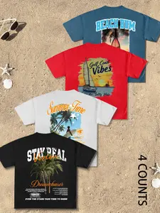 Men's Classic Fit Crew Neck T-Shirts 4-Pack, Coconut Tree Print, Breathable Comfort Fabric, Summer Essential Casual Wear