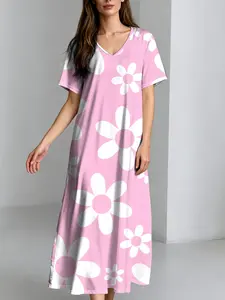 Women's Daisy Print Long Dress, V Neck Short Sleeve Casual Loose Fit Dress, with Pockets, Cute Style, Ditsy Floral Pattern
