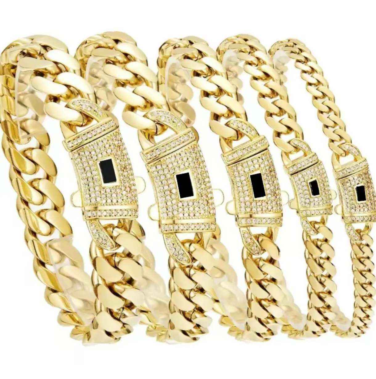 14K Gold Plated Miami Cuban Link Chain for Guys & Girls, Bling Iced Cubic Zirconia Black Square Lock Clasp Stainless Steel Hip Hop Rapper Street Jewelry, Sizes 6-14mm, Matching Necklaces & Bracelets, Perfect Birthday & Anniversary Gift