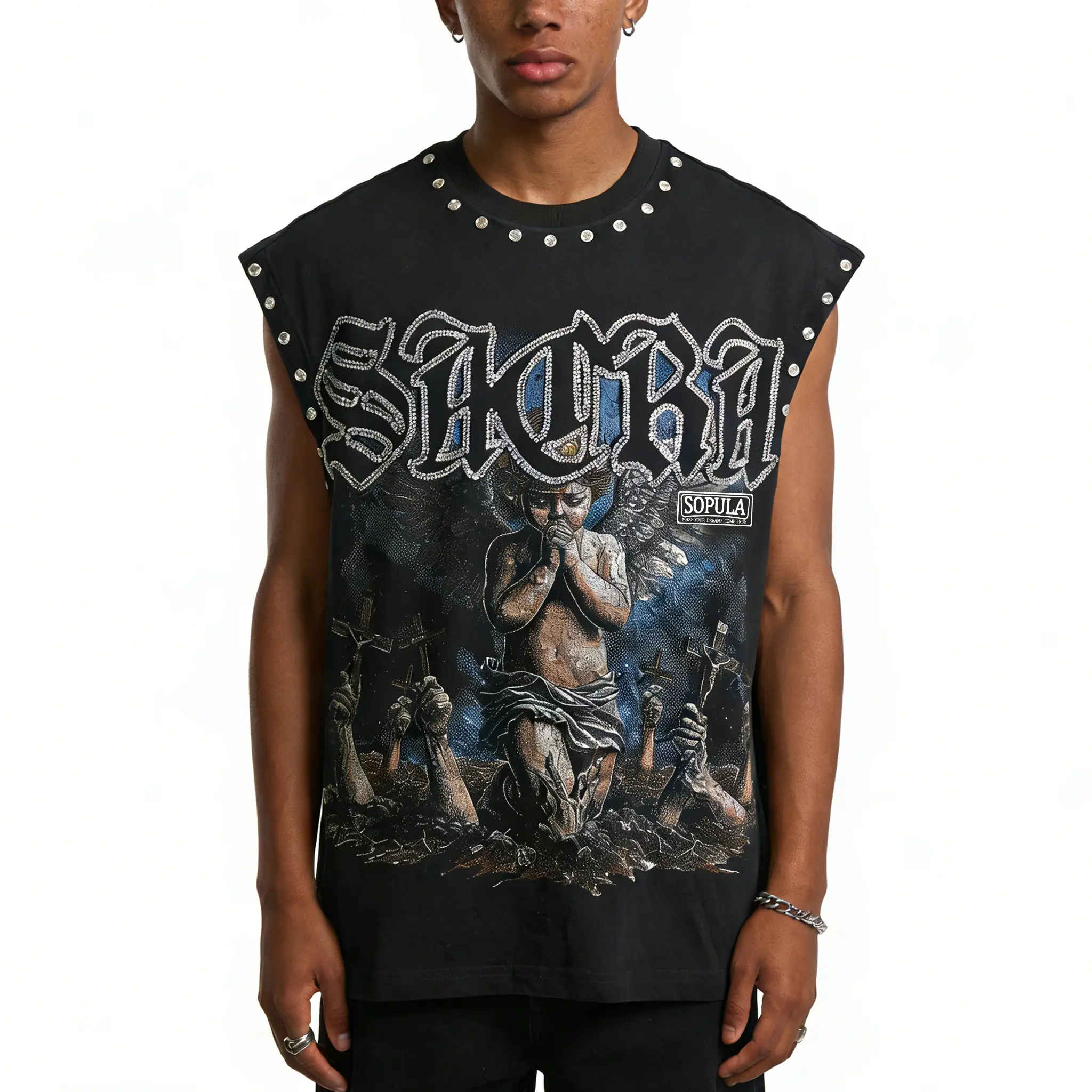 Sopula Studio Men's Sacra Retro Angel Graphic Rhinestone Tank Top design tee