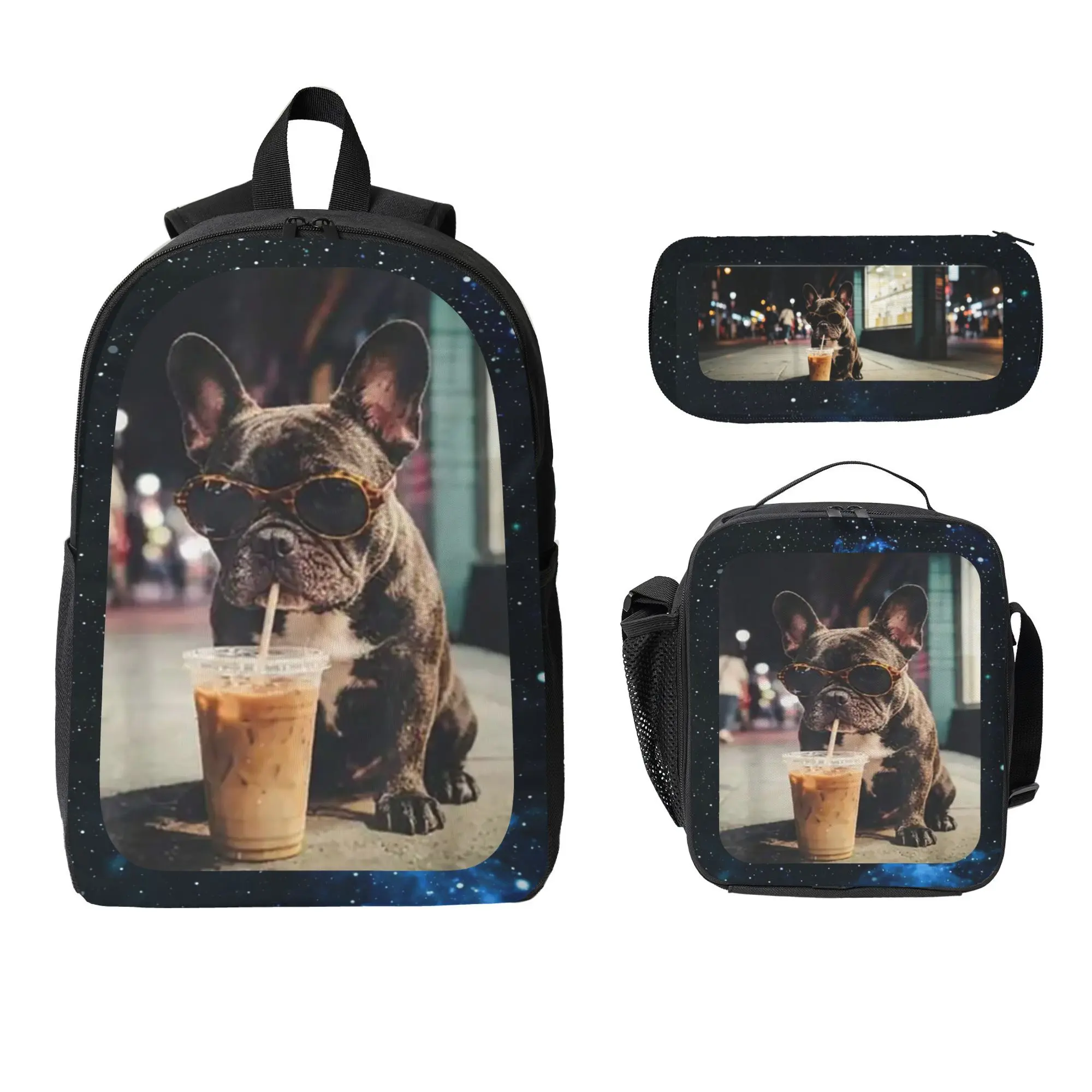 French Bulldog 3 in 1 Backpack Set,17 Inch School Backpack with Insulated Lunch Bag, Pencil Case, Padded Straps,Side Mesh Pockets,Pencil Case,school bag for Elementary Middle High School,Back to School ,Birthday's Gift,Fun Street Style School Bookbag
