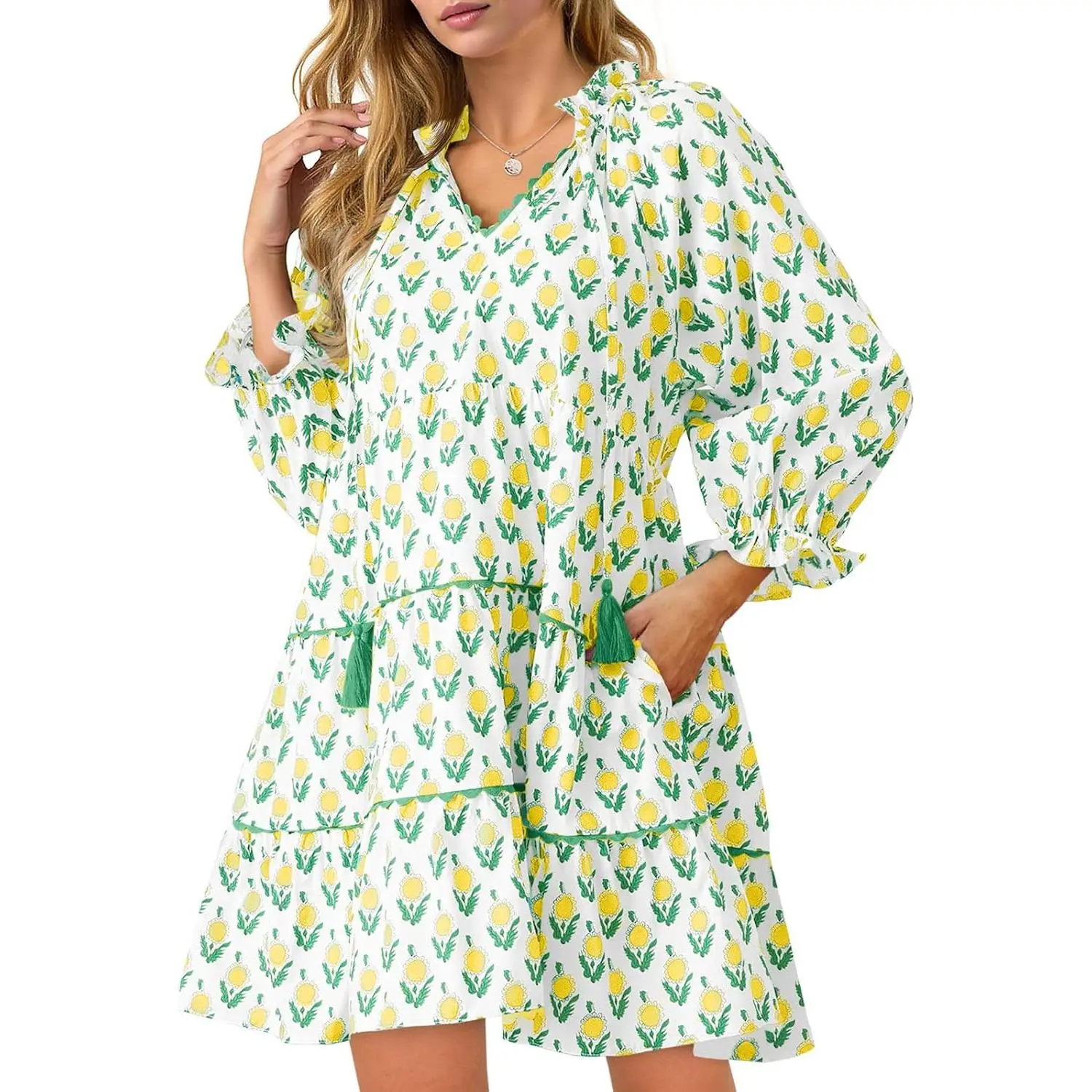 Fessceruna Womens Casual Mini Dress Long Sleeve Floral Ruffle V Neck Fall Loose Boho Babydoll Dresses with Pockets
