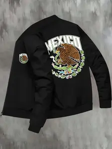 Men's Mexico Flag Print Zip Up Bomber Jacket, Regular Fit Casual Fashion Long Sleeve Baseball Collar Outerwear for Daily Wear, Men's Clothes for Fall & Winter, Coats
