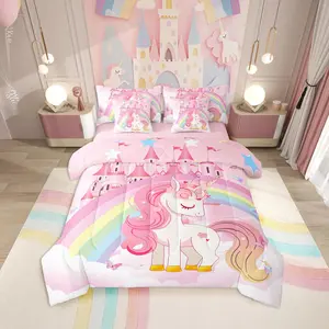 7 Pcs Comforter Set,Rainbow Princess Pink Unicorn Bed in a Bag,with Flat Sheet and Fitted Sheet for Teens Adult