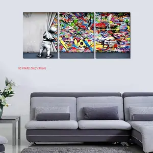 3-Piece Set, Banksy Graffiti Wall Art “Behind the Scenes” Poster, Canvas Print, Unframed Art Print, Vibrant Graffiti Artwork, Printed Decor, Living Room Modern Home Decor, Frameless