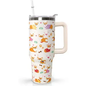 Ceovfoi 40 Oz Tumbler With Handle,Corgi Coffee Travel Mug Cup Water Bottle,Corgi Decor,Dog Gifts for Women