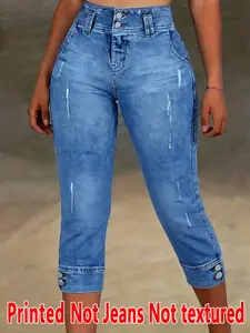 Women's Printed Tight-Fitting Pants, Non-Denim Fabric, Seven-Inch Leggings, Faux Denim Print, All-Season Wear, Comfortable and Stylish