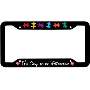 Autism Awareness Stainless Steel License Plate Frame - "It'S Okay to Be Different" Design with Colorful Puzzle Pieces & Hearts, Fits Standard US Vehicles, 12.2x6.3 Inches, Black with White Text, 4 Holes Included, Vehicle Customization |         Autism Awa