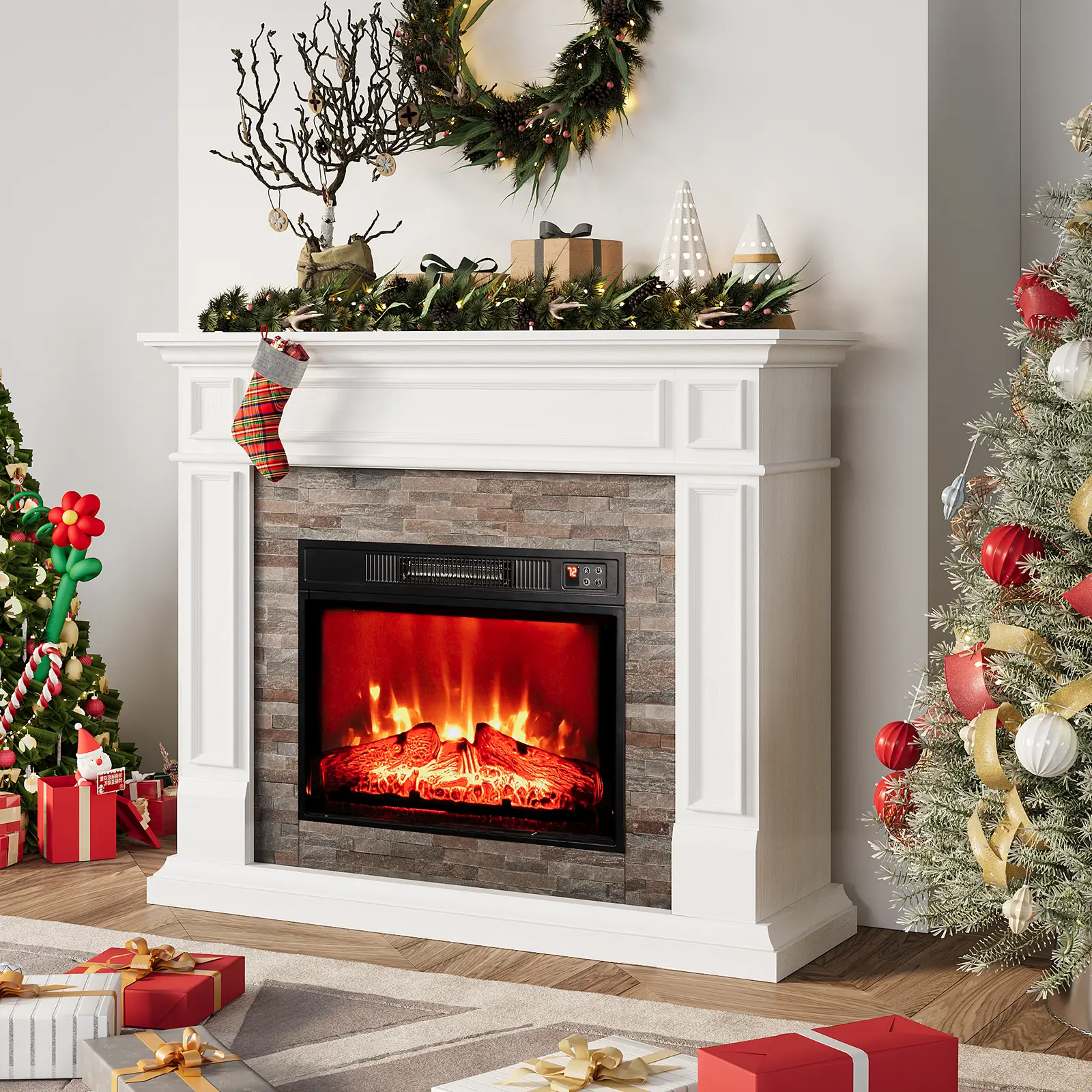 [2 Packages Shipped] LGHM Engineered Wood Farmhouse TV Stand Fireplace Mantel (44"/72"/104" Multi-Size Rectangular Frame) - Electric Fireplace Heater Insert with Realistic 3D Flame, Living Room Entertainment Center with Storage