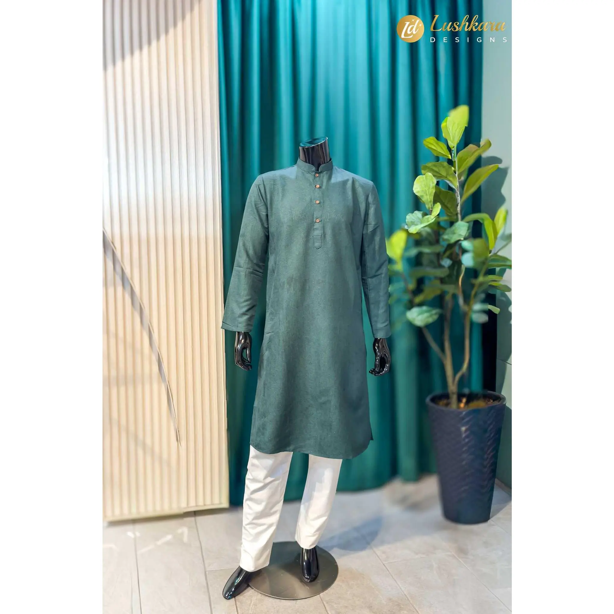Lushkara Dark Green Mens Kurta Set with White Pajama