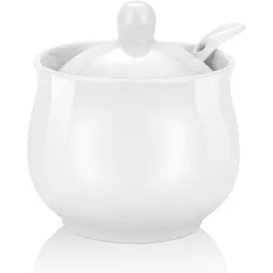 7oz Farmhouse White Ceramic Sugar Bowl with Lid and Spoon Salt Container Jar for Coffee Table Porcelain Condiment Pot for Seasoning