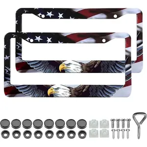 2-Pack American Flag License Plate Frames - Patriotic Eagle & Stripe Design | Universal Fit Matte Aluminum w/ Gloss Finish | Includes Screws & Caps Truck Car Vehicle