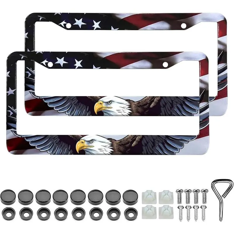 US 2-Pack Patriotic Eagle Flag License Plate Frames, Stainless Steel Matte w/ Gloss Finish, Universal 12×6 Fit, Automotive Exterior Accessories w/ Screws & Caps for Car, Truck, Vehicle, Aluminum