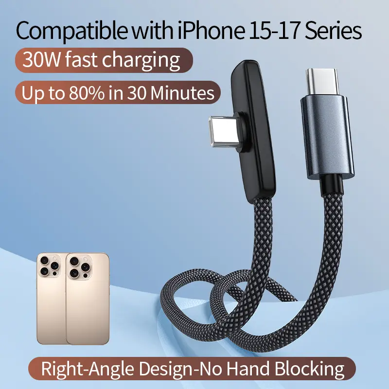 30W Right Angle Cable for iPhone 15/16/17 Pro Max iPad & MacBook Series PD Type-C Charger 90 Degree Gaming Cord No Hand Blocking Durable Braided Data Power C to C Cable USB-C to USB-C - Cellphone Gaming Charging Cable
