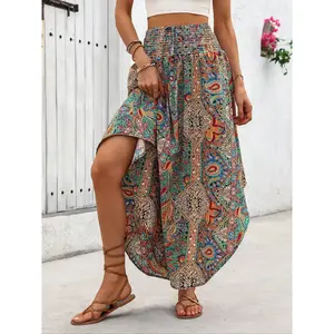 Women's casual Paisley ethnic print tie skirt, Bohemian fashionable casual shirt skirt, suitable for daily vacation wear, summer women's bottomsRAIMENTRY