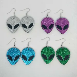 #548 Various Colors Glitter Alien Head Earrings, Casual, Fun, Space, UFO, Acrylic