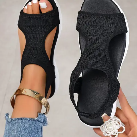 Women's Casual Breathable Summer Sandals, Sporty Soft Sole Anti-Slip Slip-On Thick Bottom Shoes, Textile Upper, Rubber Sole