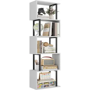5-Tier Bookshelf, Narrow S-Shaped Geometric Bookcase,  Decorative Storage Shelving, Modern Freestanding Display Shelves, Book Shelf Unit for Living Room Bedroom Home Office, White