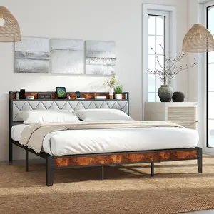 Full Bed Frame with Headboard, Underbed Storage, Built-in Charging Ports, Sturdy Silent Design, Tool-Free Assembly, No Box Spring Needed