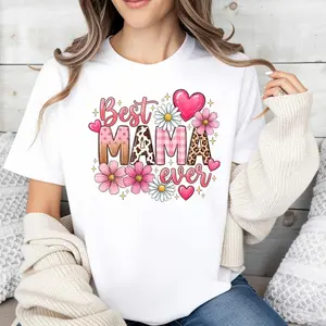 Cute And Colorful Women's T-Shirt Best Mama Ever With Flowers And Hearts Design For Spring And Summer Mother's Day Gift For Mom