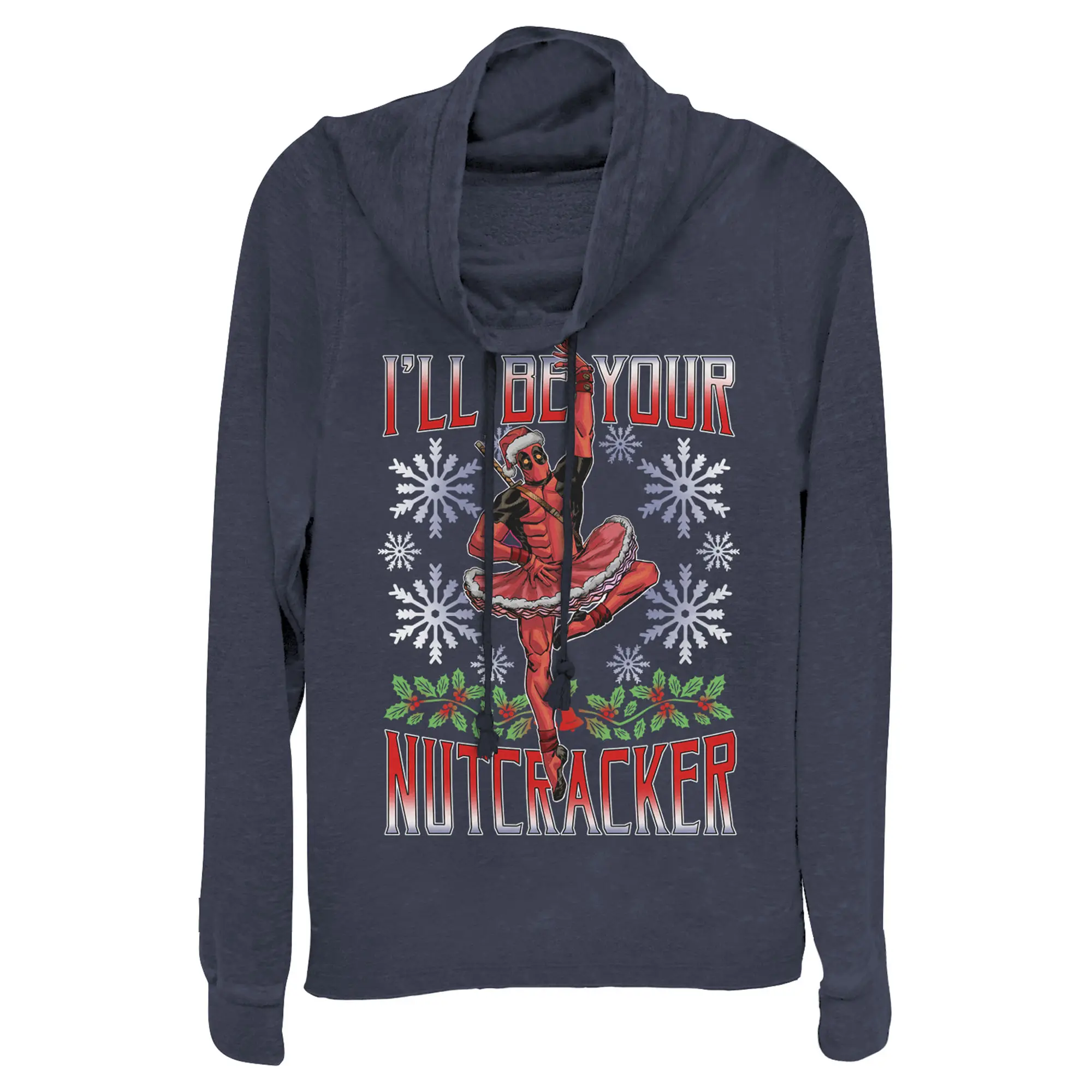 Juniors Womens Marvel Christmas Deadpool Nutcracker Cowl Neck Sweatshirt