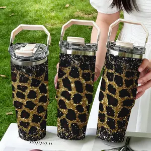 30oz Stainless Steel Handheld Water Bottle, Gold Leopard Print Design, Dual-Layer Vacuum Insulated Cold & Hot, Portable Travel Cup Gift