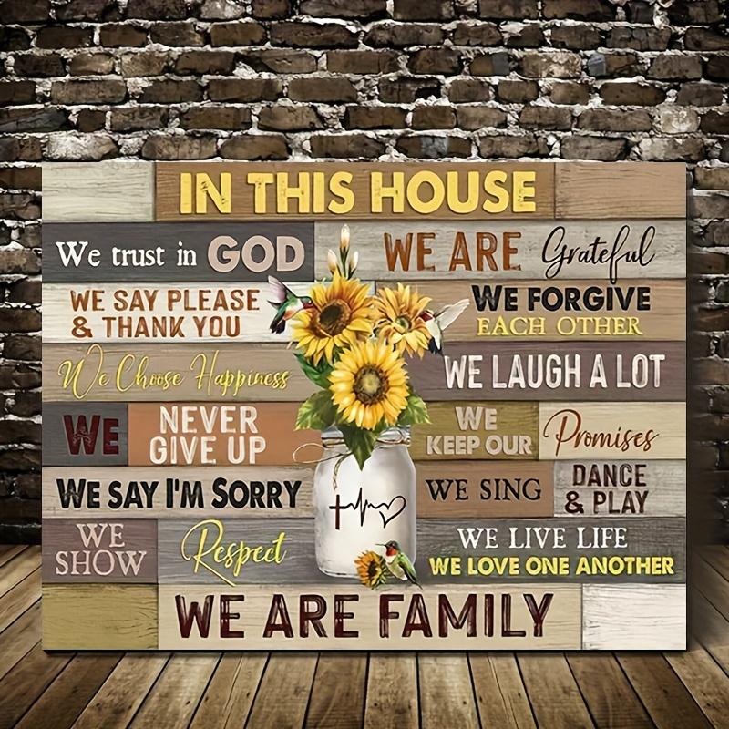 1pc Wooden Framed Jesus Canvas Art Print: In This House We Trust In God Canvas Print Poster Picture with Sunflower Mason Jar Hummingbird for Bedroom Home Decor Ready to Hang Gift