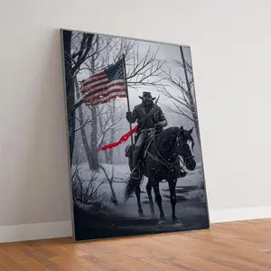 Lone Cowboy American Flag Poster, Western Patriot Wall Art, Red Dead Style Aesthetic Print, Vintage USA Decor, Freedom Rider Snow Scene Canvas ( NO FRAME)
