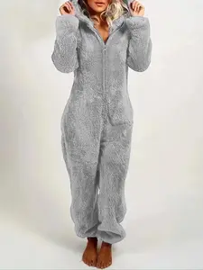 Women's Solid Zipper Hooded Plush Pajama Jumpsuit, Casual Long Sleeve Teddy Bear Ear Design Jumpsuit for Fall & Winter, Women's Sleepwear for Indoor Wear, Fluffy Lady Pajamas, Loungewear, Homewear, Pjs, Pajama Onesies