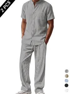 Men’s linen two-piece casual set with stand collar: short-sleeve stand-collar shirt + elastic-waist straight pants. Linen texture is lightweight, breathable, and moisture-wicking; loose drape that flatters the figure and conceals bulges. Suitable for summ