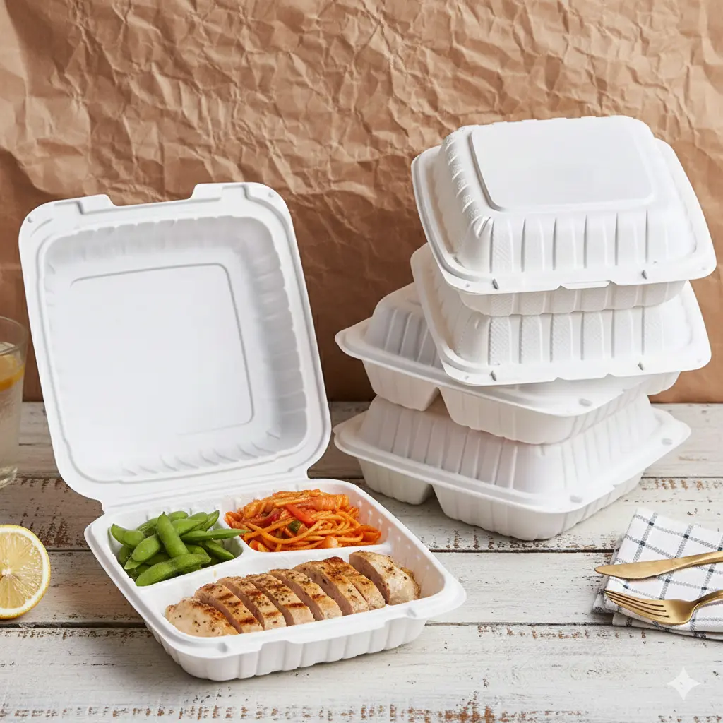 CALPAK 8x8x3 in 3-Compartment Tableware Divided Food Storage Container - Leakproof Meal Prep Food Box, Microwave & Freezer Safe Multi Compartment To-Go Container