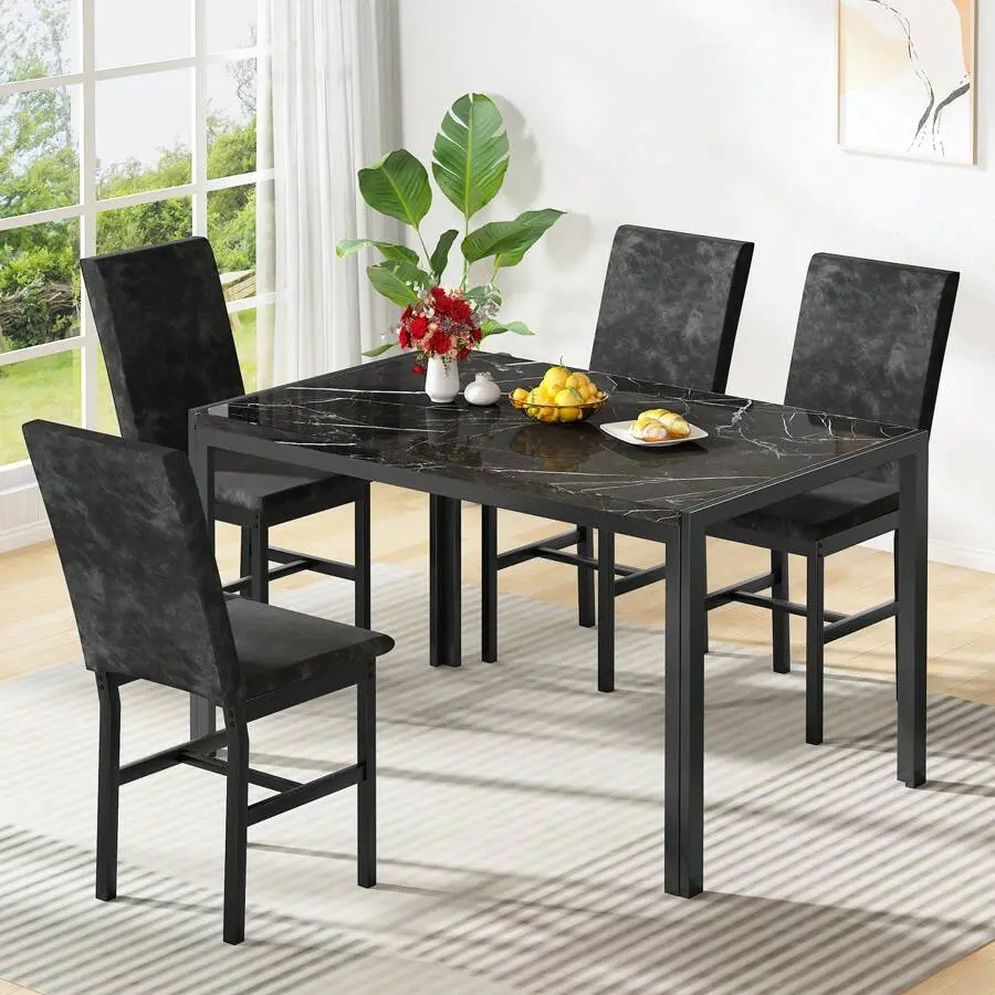 5-Piece Faux Marble Rectangular Indoor Dining Table Set with 4 Chairs - Minimalist Decluttering, Lightweight Contemporary Engineered Wood Small Space-Saving Furniture for Adults, Dinner, Work