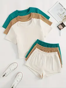 Elegant Pure Color Round Neck Fitted Tee, Spring Summer Essential, Perfect Match with Shorts Set, Ideal for Casual Wear