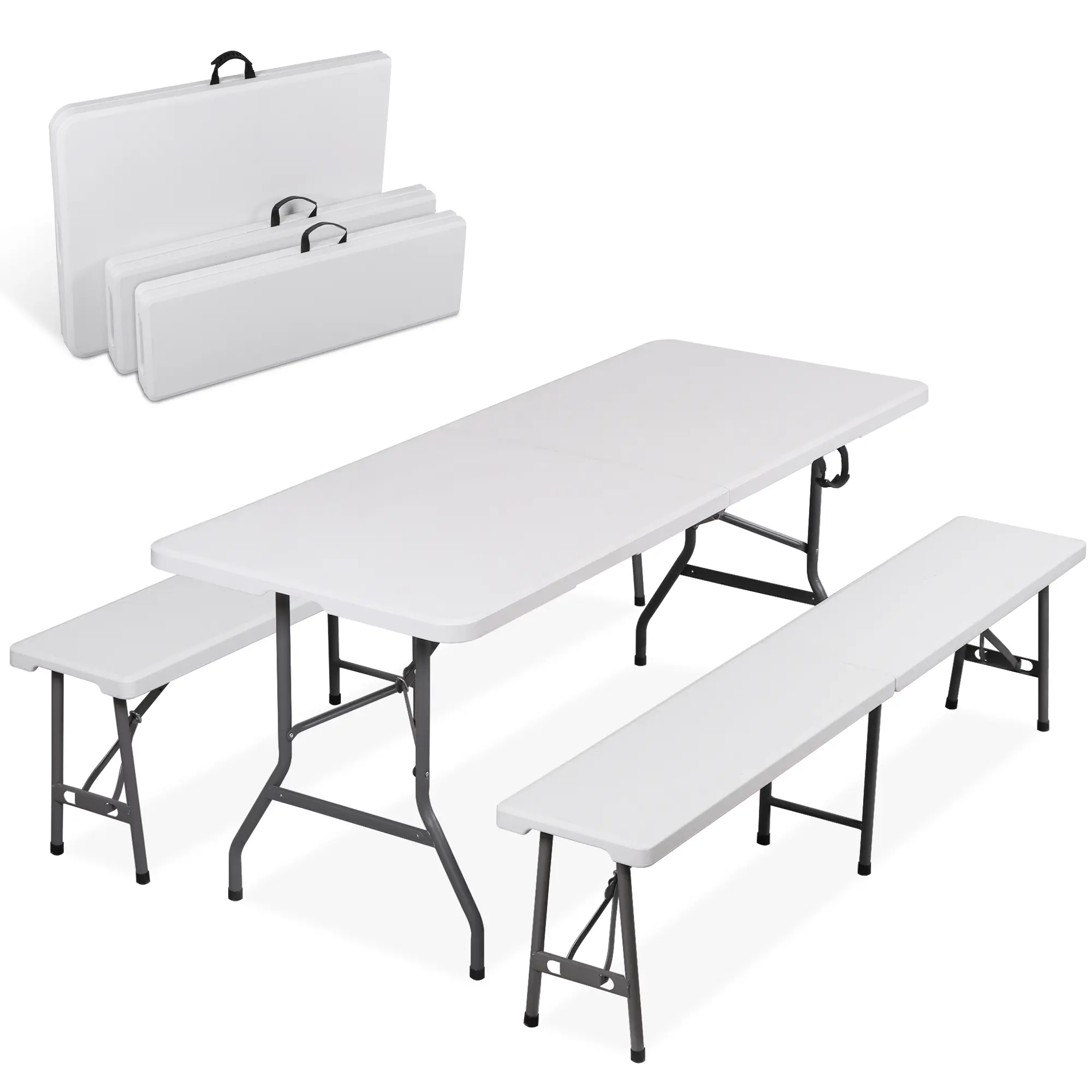 Segawe 3-Piece Lightweight Outdoor Table Set, 6ft Folding HDPE&Steel Fully Assembled Patio Furniture with 2 Benches & Handles for Indoor-Outdoor Use, White, Outdoor Patio Furniture,summerwins