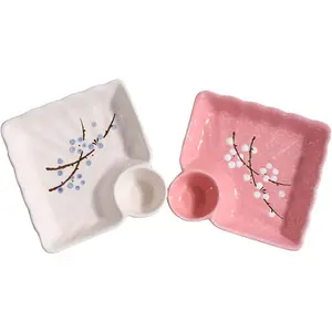 Sushi Plate Set of 2, Different Color Ceramic 7 Inch Plates with Vinegar Dish Serving for Dumpling, Snack, and Other Food