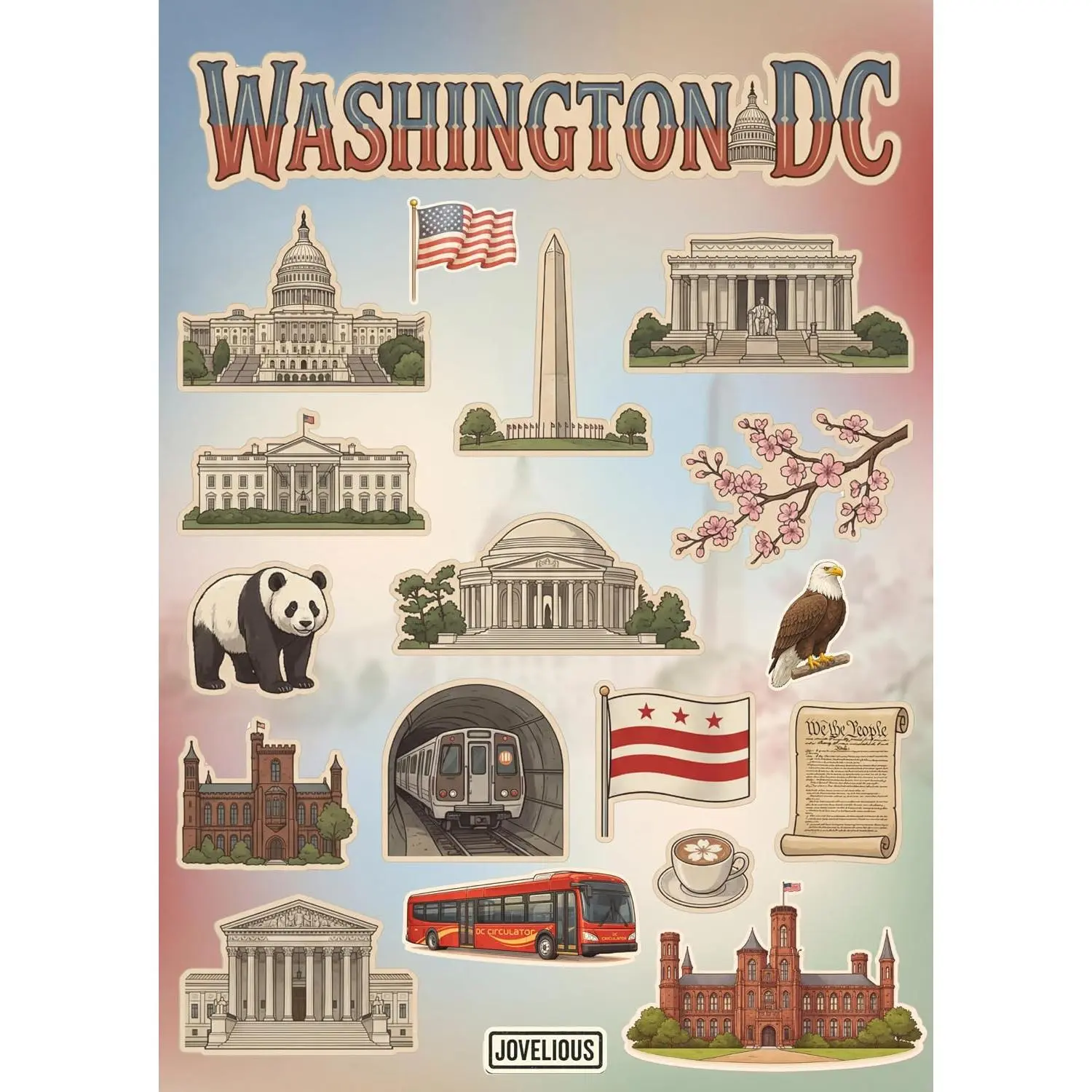 Washington DC Sticker Sheet, A5 Matte Vinyl Kiss Cut Stickers, Designed in Brooklyn, Capital Landmarks