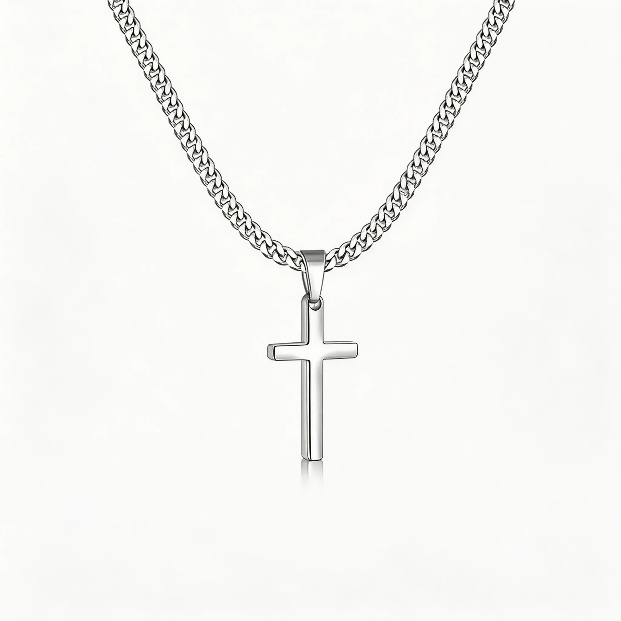 Stainless steel cross necklace jewelry gift for men and women, silver necklace, 3 mm, non-fading sturdy Cuban chain, with cross pendant, 20 inches
