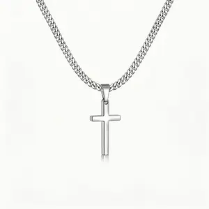 Stainless steel cross necklace jewelry gift for men and women, silver necklace, 3 mm, non-fading sturdy Cuban chain, with cross pendant, 20 inches