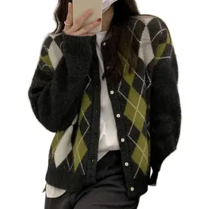Trendy Fall Sweater for Women 2026 Grunge Argyle Plaid Preppy Y2K E-Girl Cardigan Chunky Knit Vintage Grandpa Sweater