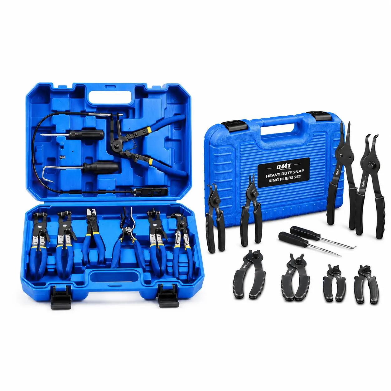 Orion Motor Tech 9Pcs Hose Clamp Pliers Set + 10Pcs Snap Ring Pliers Kit bundle, Long Reach Flexible Clic R Swivel Jaw Clamp Remover, Internal External Straight Bent Circlip Pliers with Hook Pick, Storage Case & Gloves for Fuel Oil Water Pipe Auto Repair