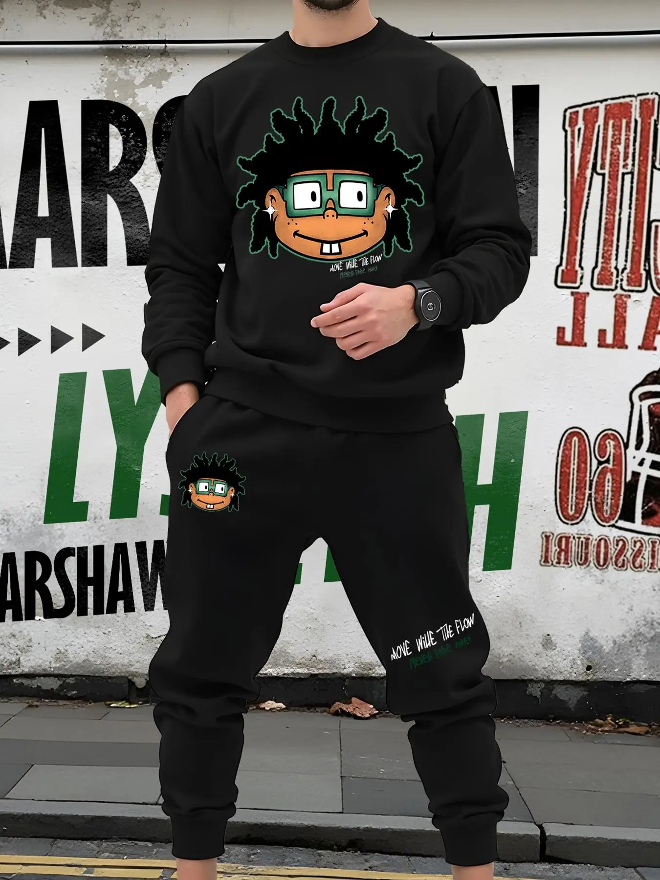 Two-piece Set Men's Cartoon Print Sweatshirts & Pocket Sweatpants, Regular Fit Casual Round Neck Long Sleeve Pullover & Jogger Pants for Daily Wear,